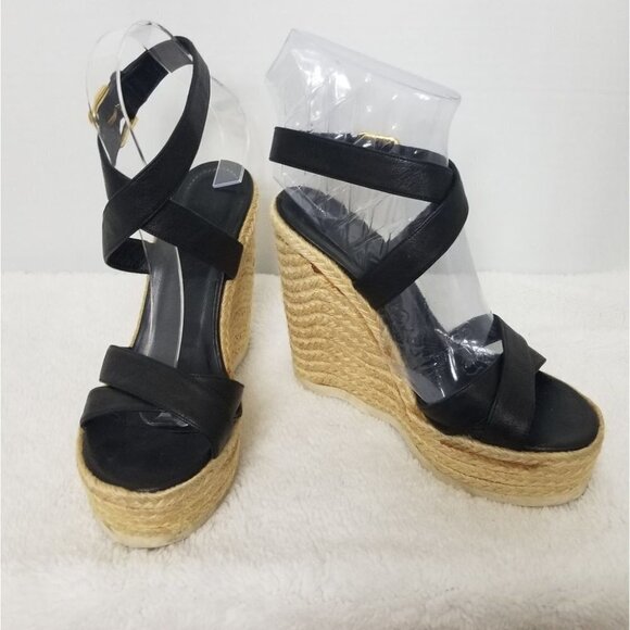 PRICE DROP-YSL Yves Saint Laurent Espadrille Wedge Black Leather Sandal